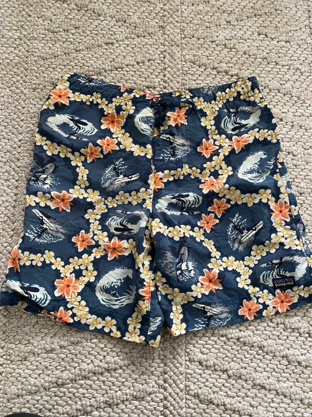 Patagonia Navy Floral Board Shorts with Orange Accents